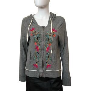Anthropologie Dolan Grey Floral Embroidered Lighweight Zip Up Hoodie S